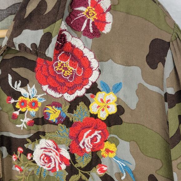 2X Boho Chic Button Top Roll Tab Sleeve Camo Colorful Embroidery Floral Andree - Picture 5 of 13